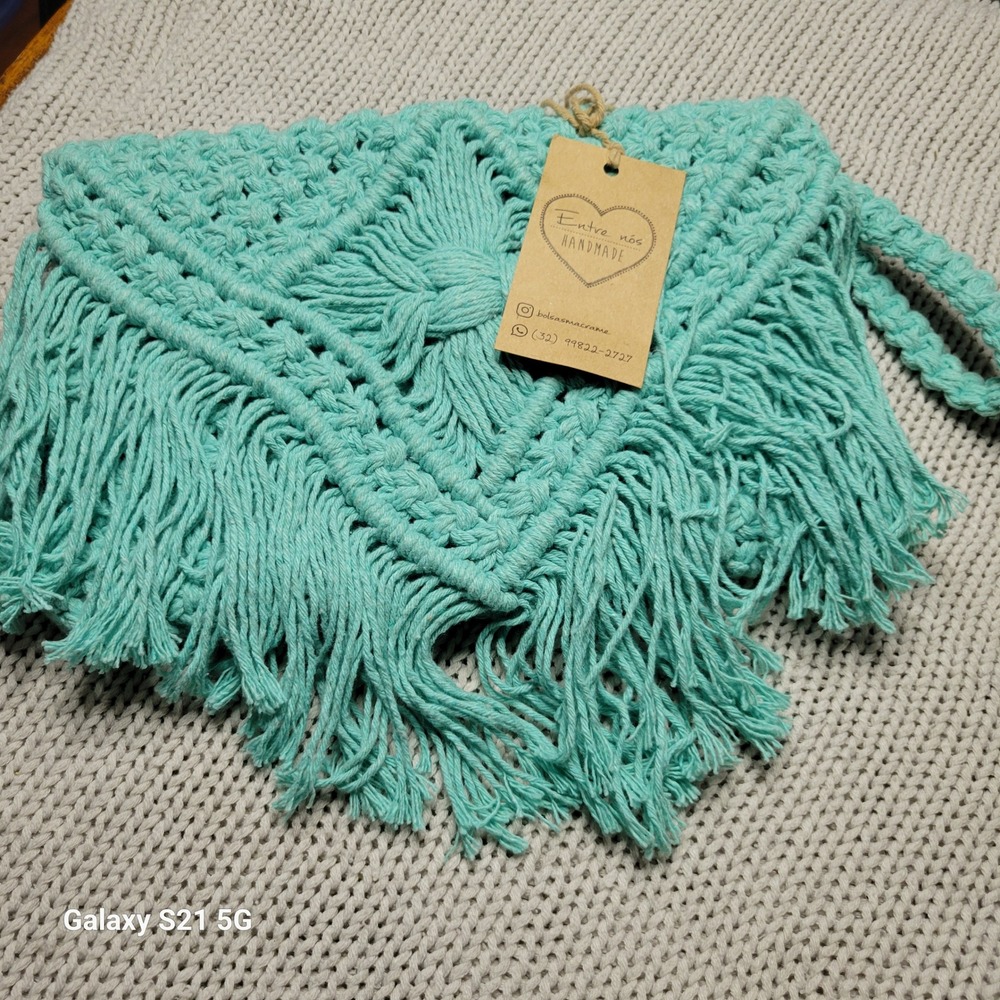 Entre nos Handmade Macrame Fringe Clutch Bag Turquoise Mint Boho Woven NEW